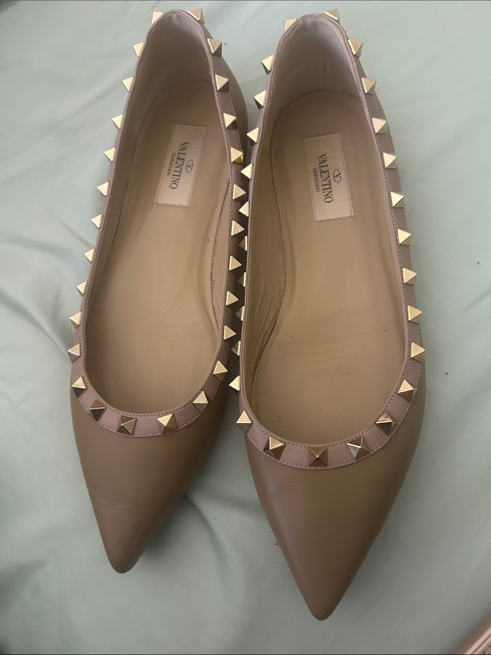 Valentino Taupe Leather Rockstud Pointed-Toe Flats